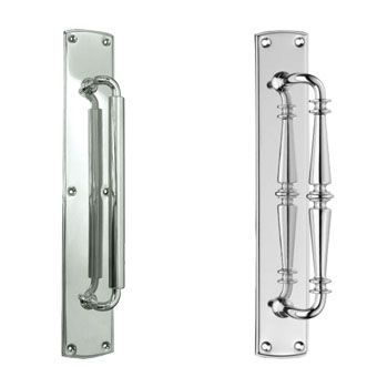 Silver Pull Door Handles on a Backplate